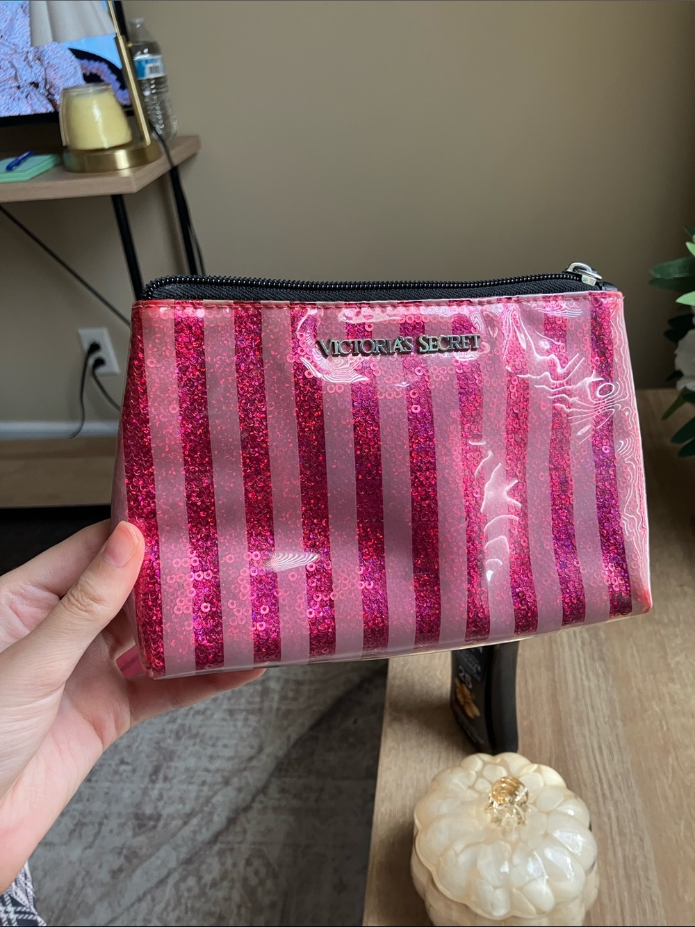 Victoria's Secret Pink Glitter Stripe Makeup Pouch